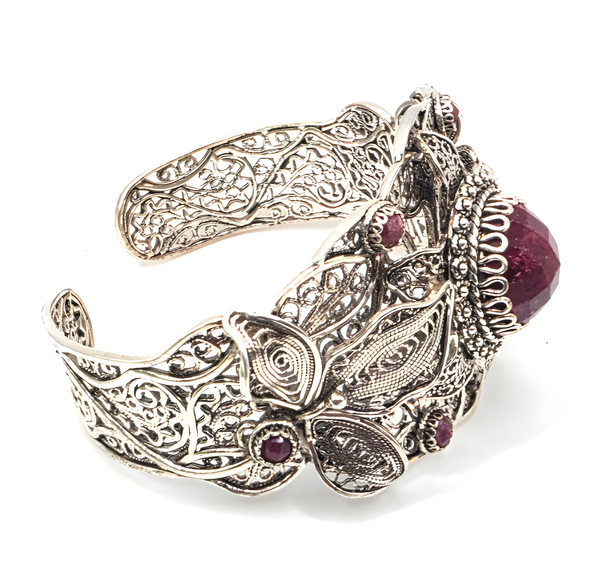 NWOT Sterling Silver Filigree Red Gemstone Floral Leaf Statement Cuff Bracelet