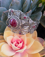 NWOT Sterling Silver Filigree Red Gemstone Floral Leaf Statement Cuff Bracelet