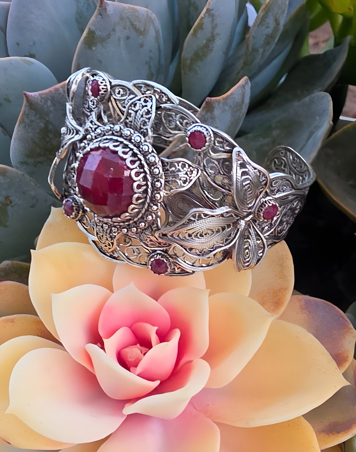 NWOT Sterling Silver Filigree Red Gemstone Floral Leaf Statement Cuff Bracelet
