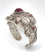 NWOT Sterling Silver Filigree Red Gemstone Floral Leaf Statement Cuff Bracelet