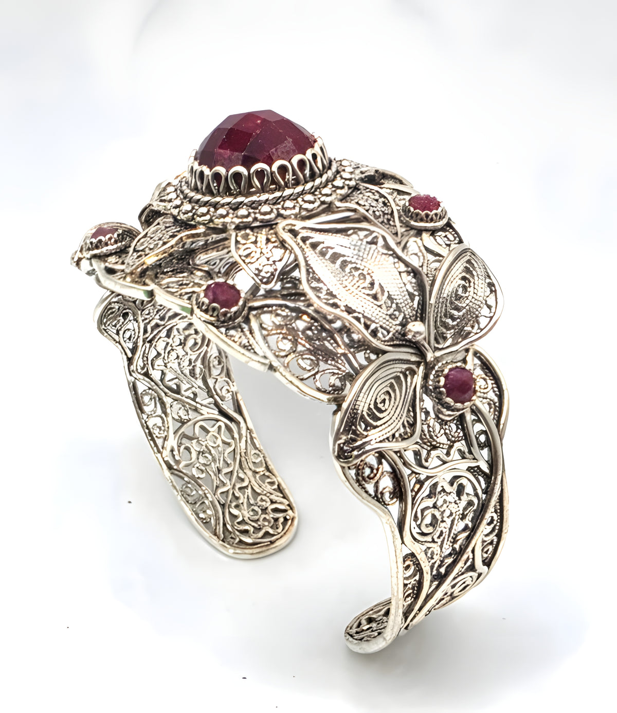 NWOT Sterling Silver Filigree Red Gemstone Floral Leaf Statement Cuff Bracelet