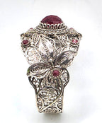 NWOT Sterling Silver Filigree Red Gemstone Floral Leaf Statement Cuff Bracelet
