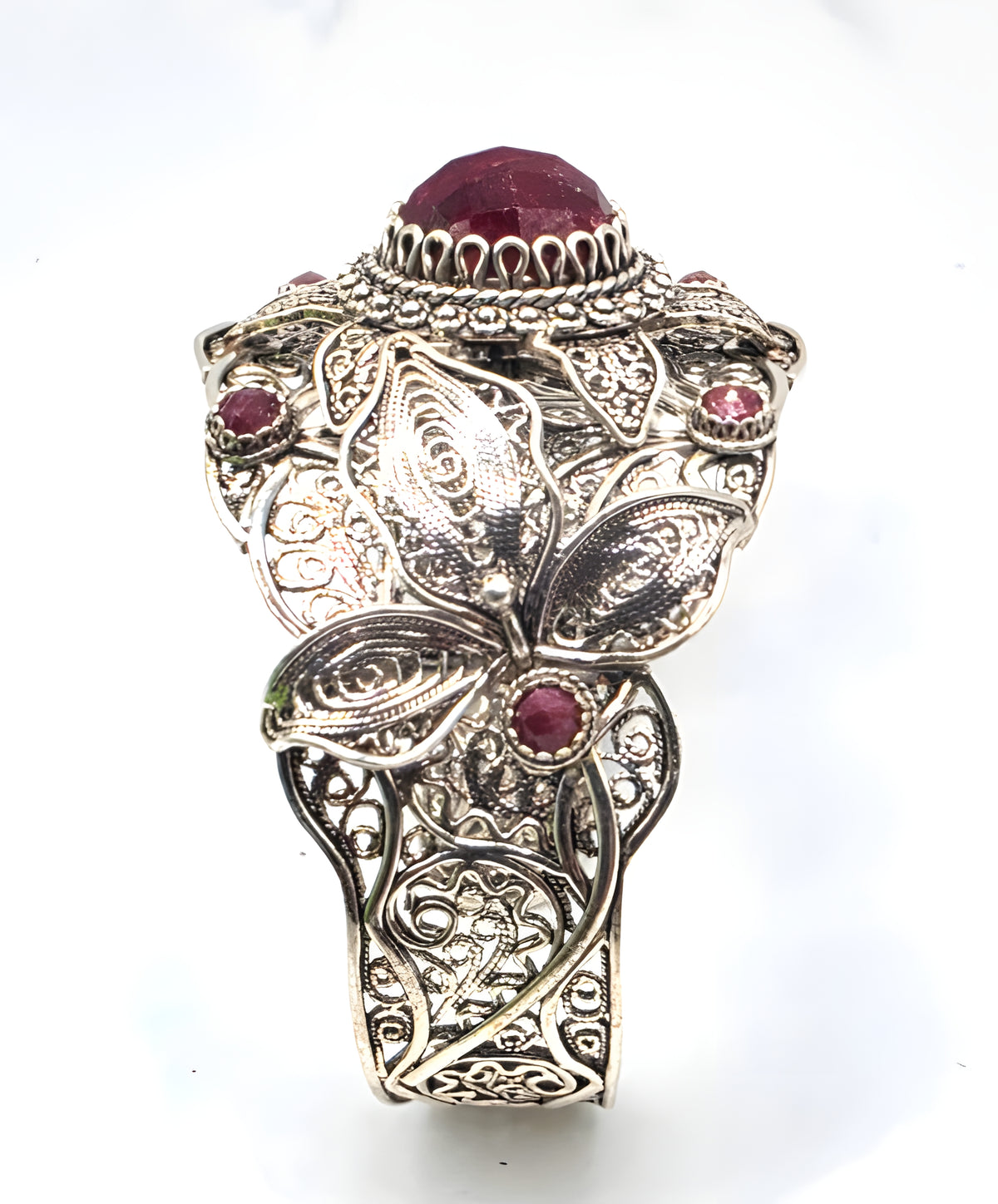 NWOT Sterling Silver Filigree Red Gemstone Floral Leaf Statement Cuff Bracelet