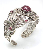 NWOT Sterling Silver Filigree Red Gemstone Floral Leaf Statement Cuff Bracelet