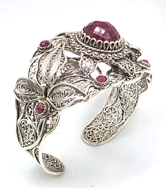 NWOT Sterling Silver Filigree Red Gemstone Floral Leaf Statement Cuff Bracelet