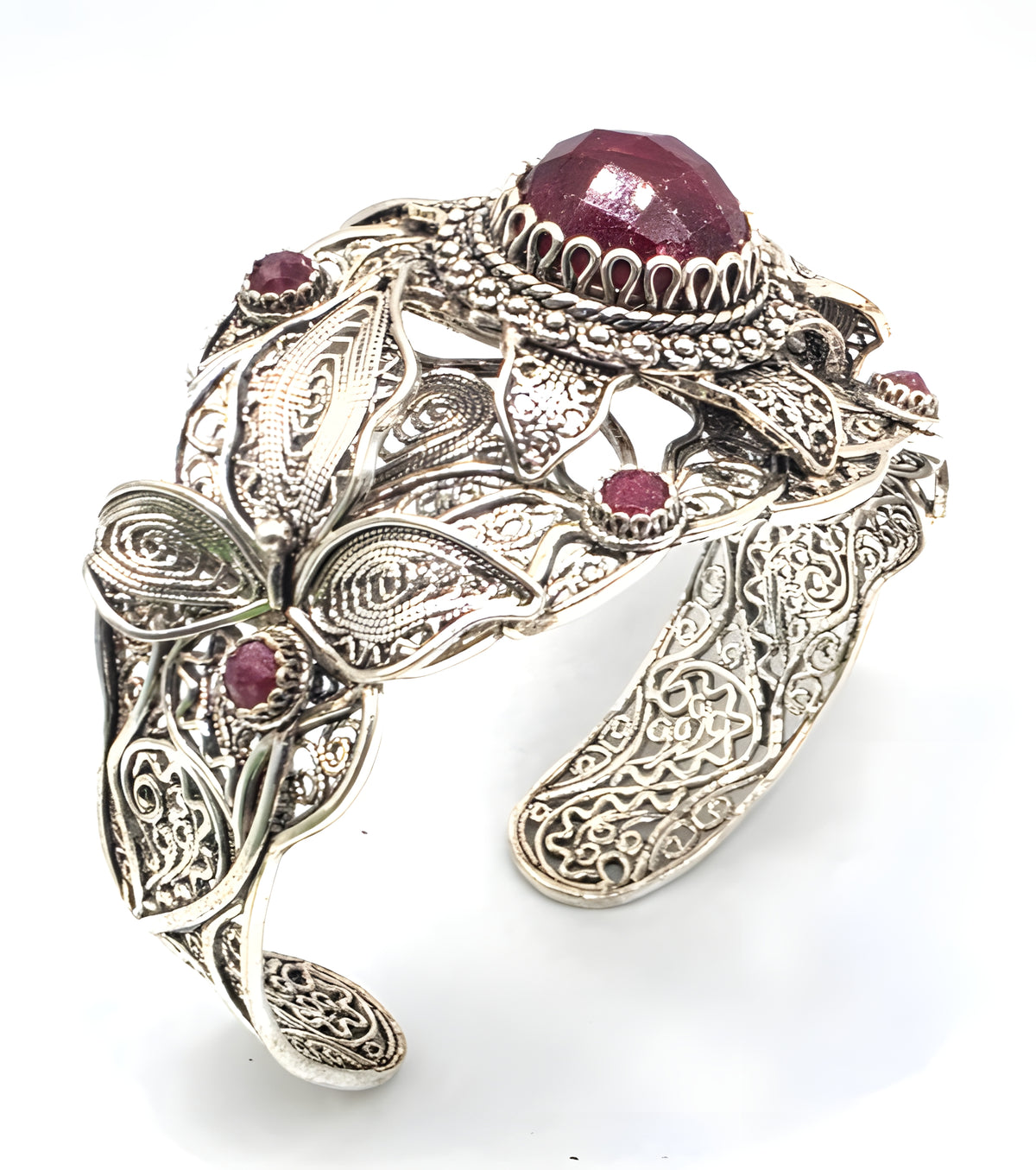 NWOT Sterling Silver Filigree Red Gemstone Floral Leaf Statement Cuff Bracelet