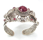 NWOT Sterling Silver Filigree Red Gemstone Floral Leaf Statement Cuff Bracelet