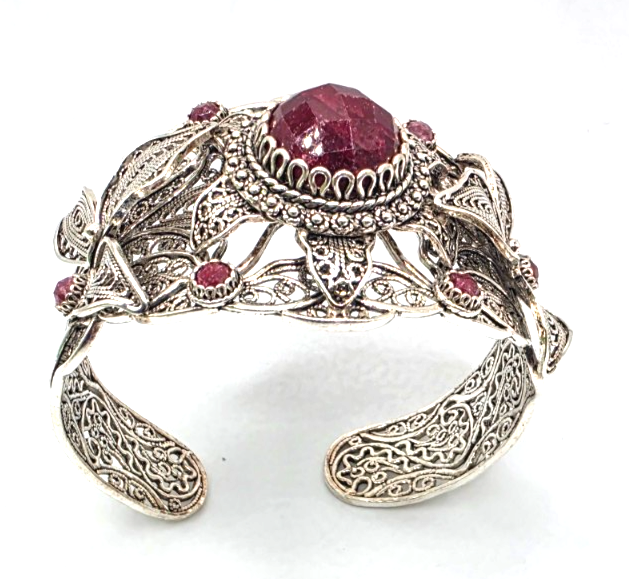 NWOT Sterling Silver Filigree Red Gemstone Floral Leaf Statement Cuff Bracelet