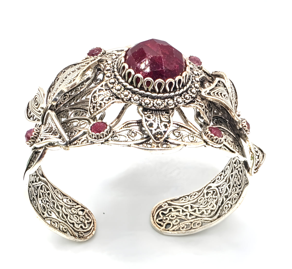 NWOT Sterling Silver Filigree Red Gemstone Floral Leaf Statement Cuff Bracelet