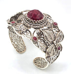 NWOT Sterling Silver Filigree Red Gemstone Floral Leaf Statement Cuff Bracelet