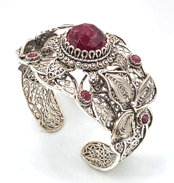 NWOT Sterling Silver Filigree Red Gemstone Floral Leaf Statement Cuff Bracelet