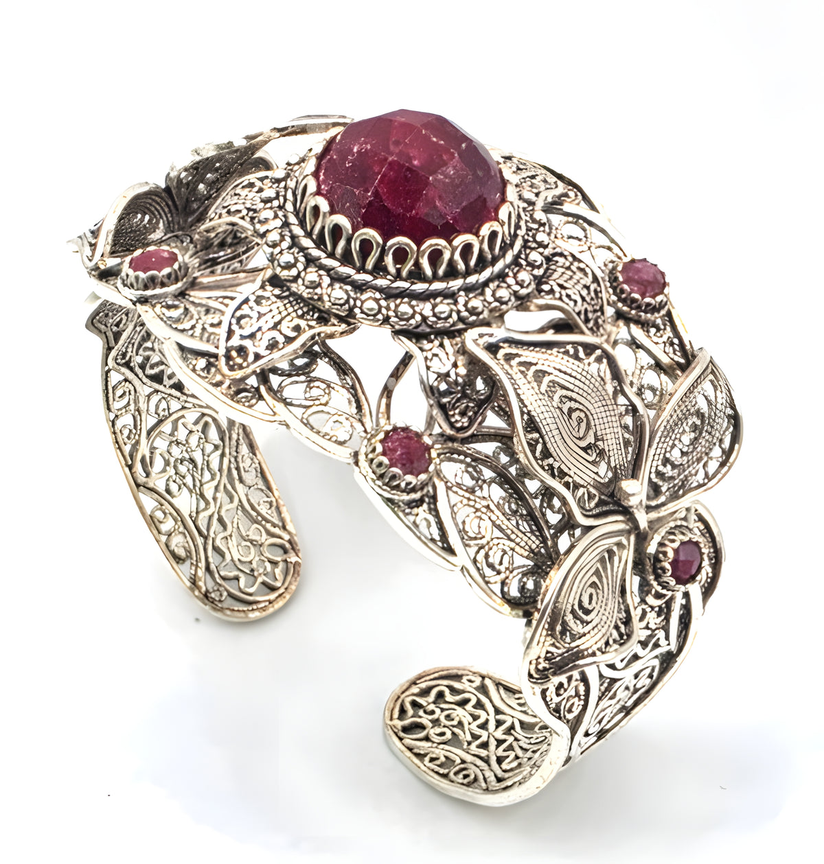 NWOT Sterling Silver Filigree Red Gemstone Floral Leaf Statement Cuff Bracelet