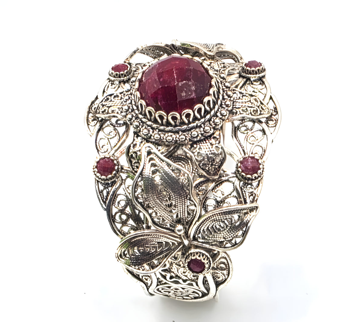 NWOT Sterling Silver Filigree Red Gemstone Floral Leaf Statement Cuff Bracelet