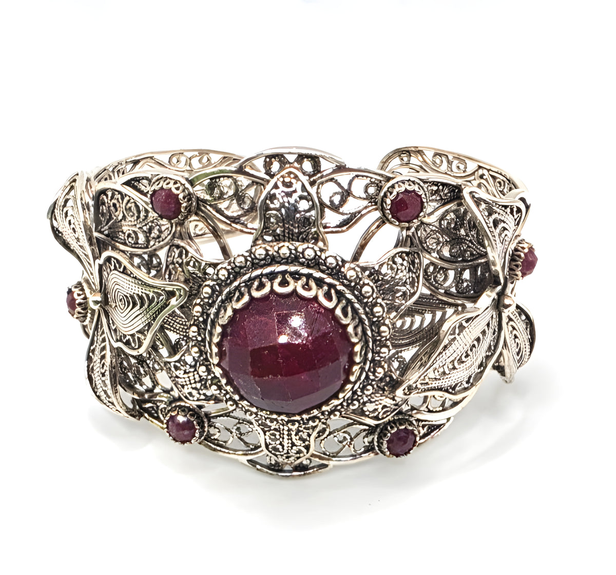 NWOT Sterling Silver Filigree Red Gemstone Floral Leaf Statement Cuff Bracelet