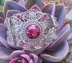 NWOT Sterling Silver Filigree Red Gemstone Floral Leaf Statement Cuff Bracelet