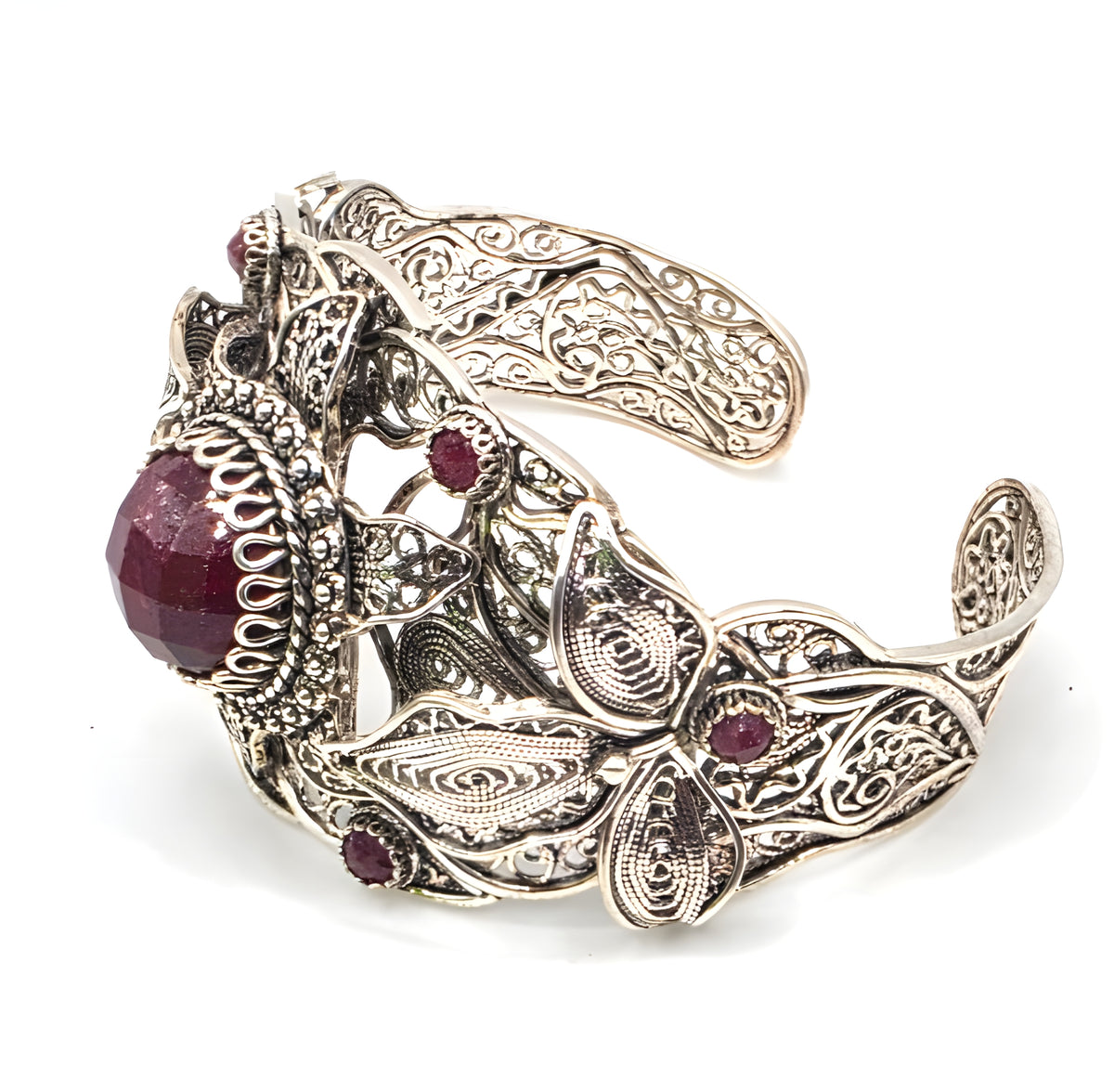 NWOT Sterling Silver Filigree Red Gemstone Floral Leaf Statement Cuff Bracelet