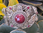 NWOT Sterling Silver Filigree Red Gemstone Floral Leaf Statement Cuff Bracelet