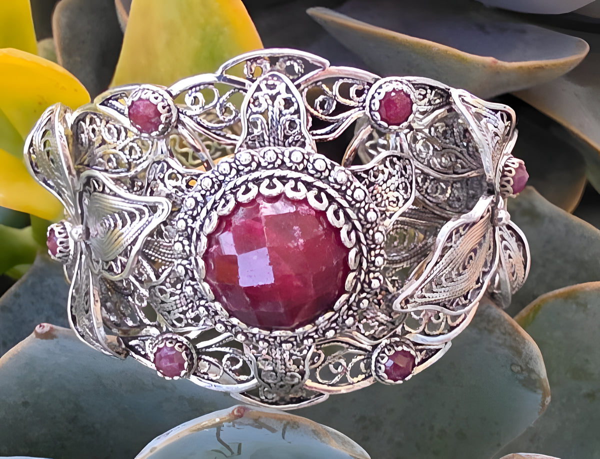 NWOT Sterling Silver Filigree Red Gemstone Floral Leaf Statement Cuff Bracelet