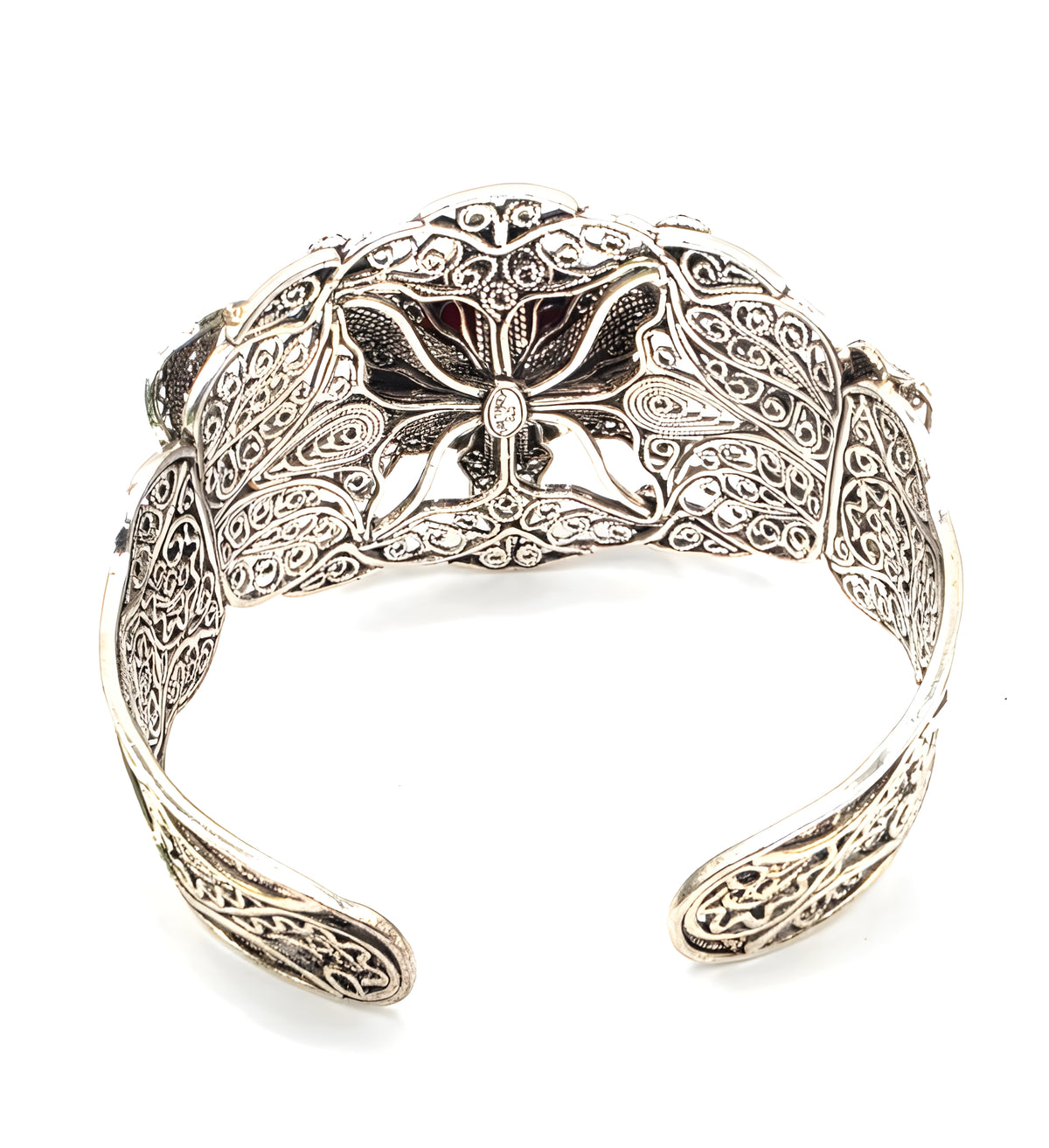 NWOT Sterling Silver Filigree Red Gemstone Floral Leaf Statement Cuff Bracelet