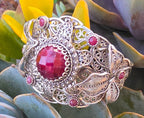NWOT Sterling Silver Filigree Red Gemstone Floral Leaf Statement Cuff Bracelet