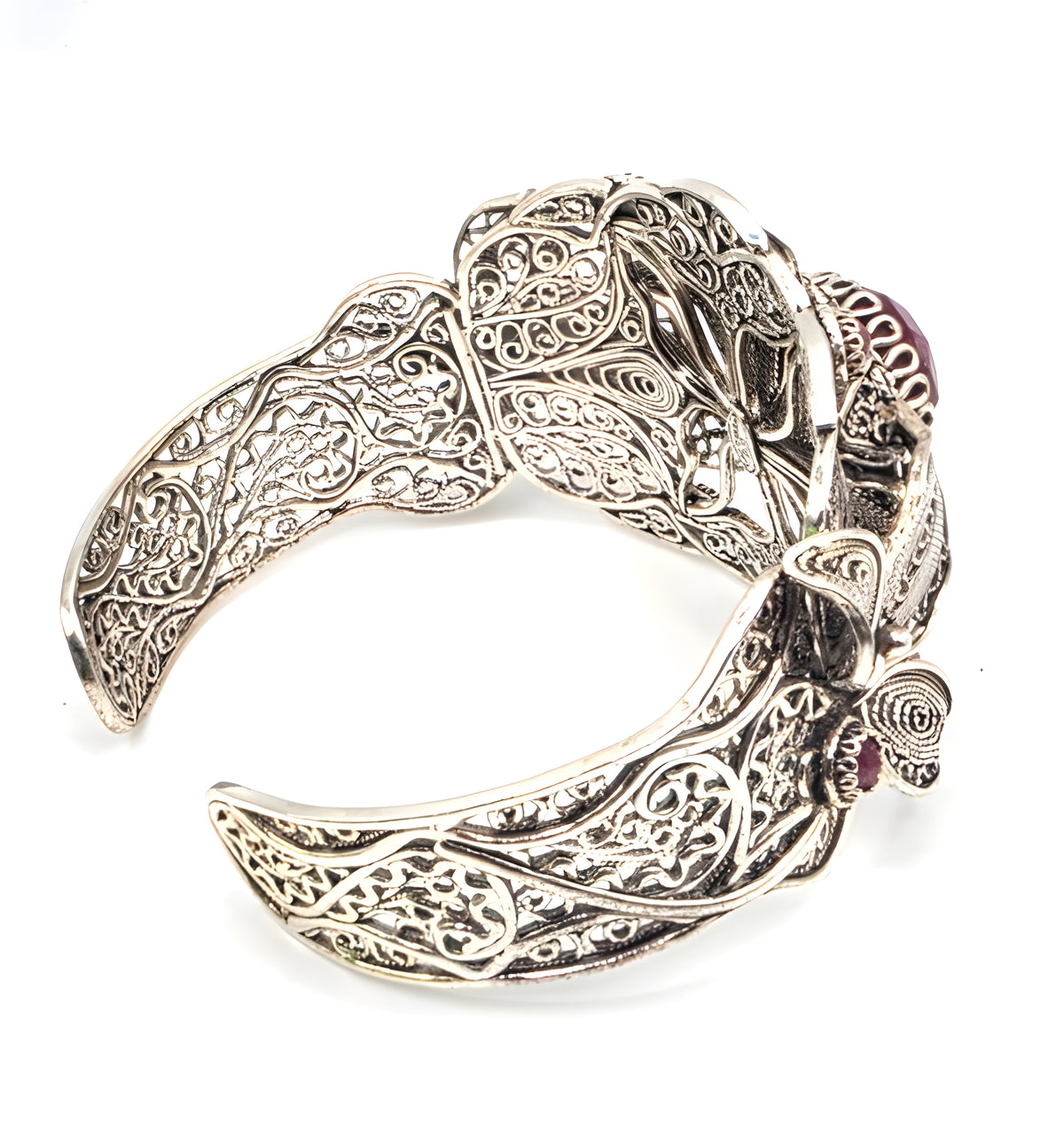 NWOT Sterling Silver Filigree Red Gemstone Floral Leaf Statement Cuff Bracelet