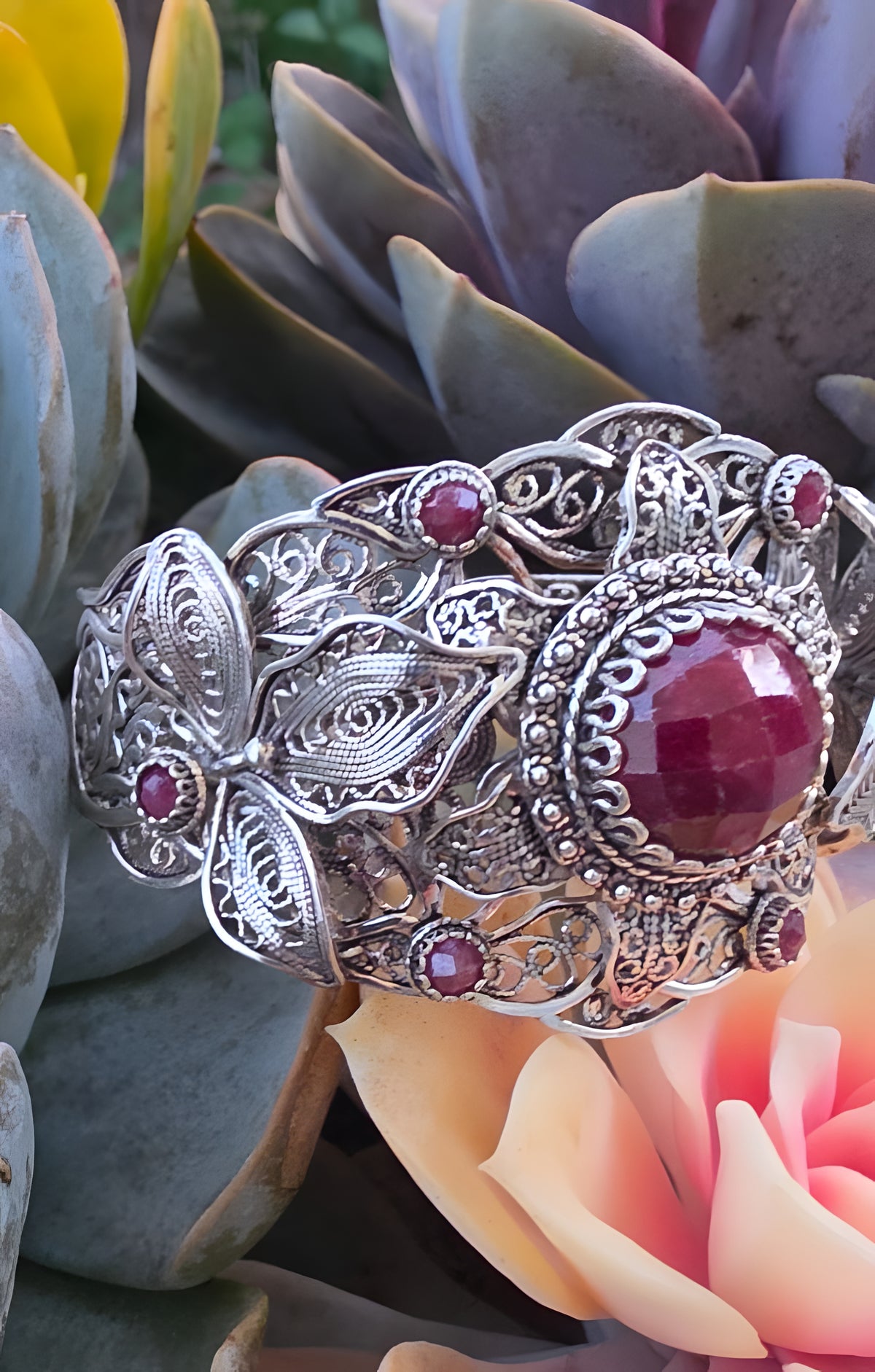 NWOT Sterling Silver Filigree Red Gemstone Floral Leaf Statement Cuff Bracelet