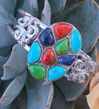 NK Thailand 925 Sterling Silver Multicolor Cabochon Mosaic Cuff Bracelet 38.5g
