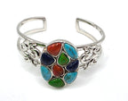 NK Thailand 925 Sterling Silver Multicolor Cabochon Mosaic Cuff Bracelet 38.5g