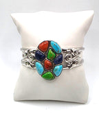 NK Thailand 925 Sterling Silver Multicolor Cabochon Mosaic Cuff Bracelet 38.5g