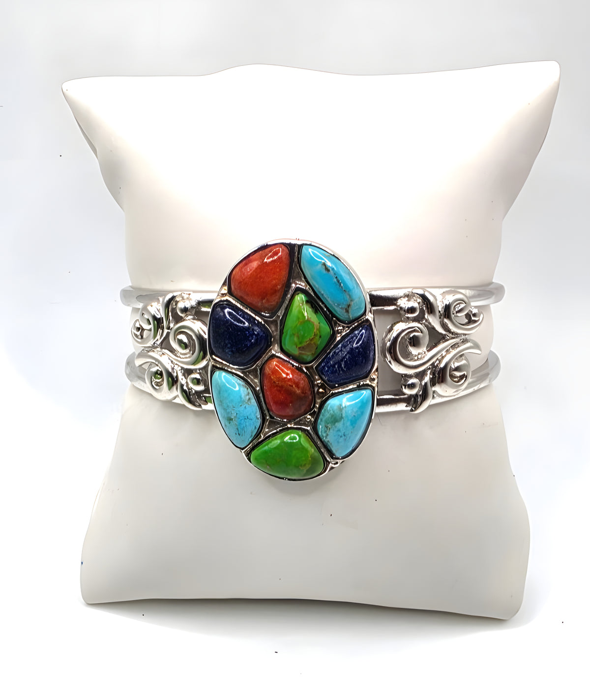 NK Thailand 925 Sterling Silver Multicolor Cabochon Mosaic Cuff Bracelet 38.5g