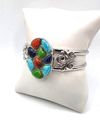 NK Thailand 925 Sterling Silver Multicolor Cabochon Mosaic Cuff Bracelet 38.5g