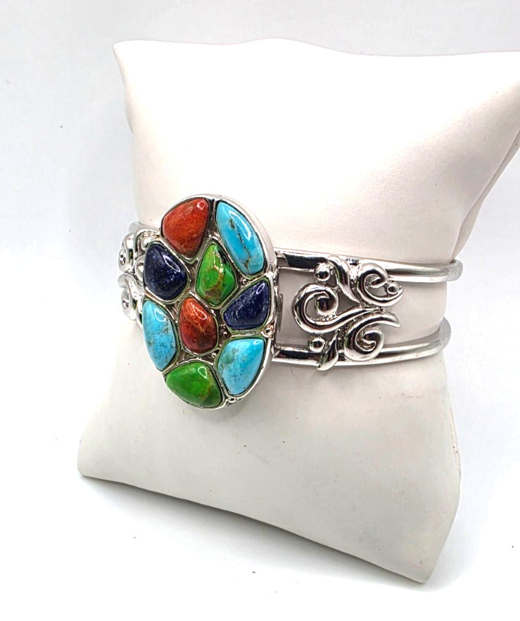 NK Thailand 925 Sterling Silver Multicolor Cabochon Mosaic Cuff Bracelet 38.5g