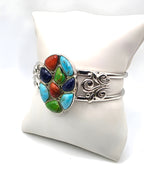 NK Thailand 925 Sterling Silver Multicolor Cabochon Mosaic Cuff Bracelet 38.5g