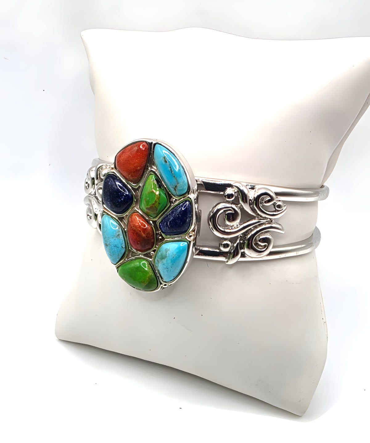 NK Thailand 925 Sterling Silver Multicolor Cabochon Mosaic Cuff Bracelet 38.5g