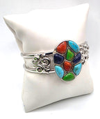 NK Thailand 925 Sterling Silver Multicolor Cabochon Mosaic Cuff Bracelet 38.5g