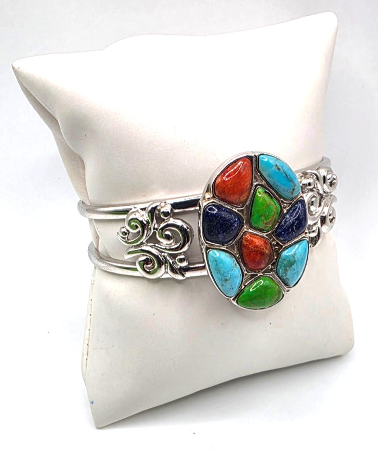NK Thailand 925 Sterling Silver Multicolor Cabochon Mosaic Cuff Bracelet 38.5g