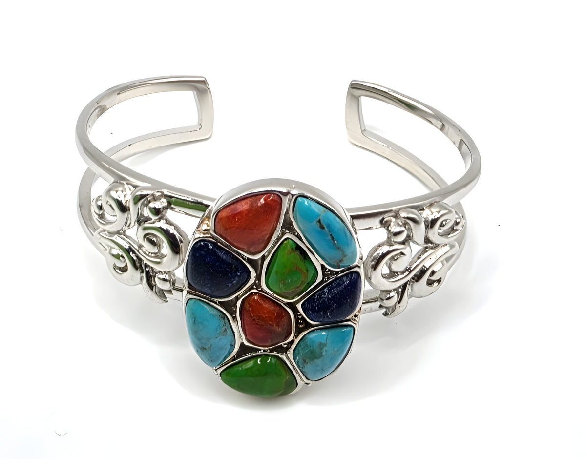 NK Thailand 925 Sterling Silver Multicolor Cabochon Mosaic Cuff Bracelet 38.5g