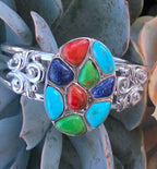 NK Thailand 925 Sterling Silver Multicolor Cabochon Mosaic Cuff Bracelet 38.5g