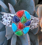 NK Thailand 925 Sterling Silver Multicolor Cabochon Mosaic Cuff Bracelet 38.5g