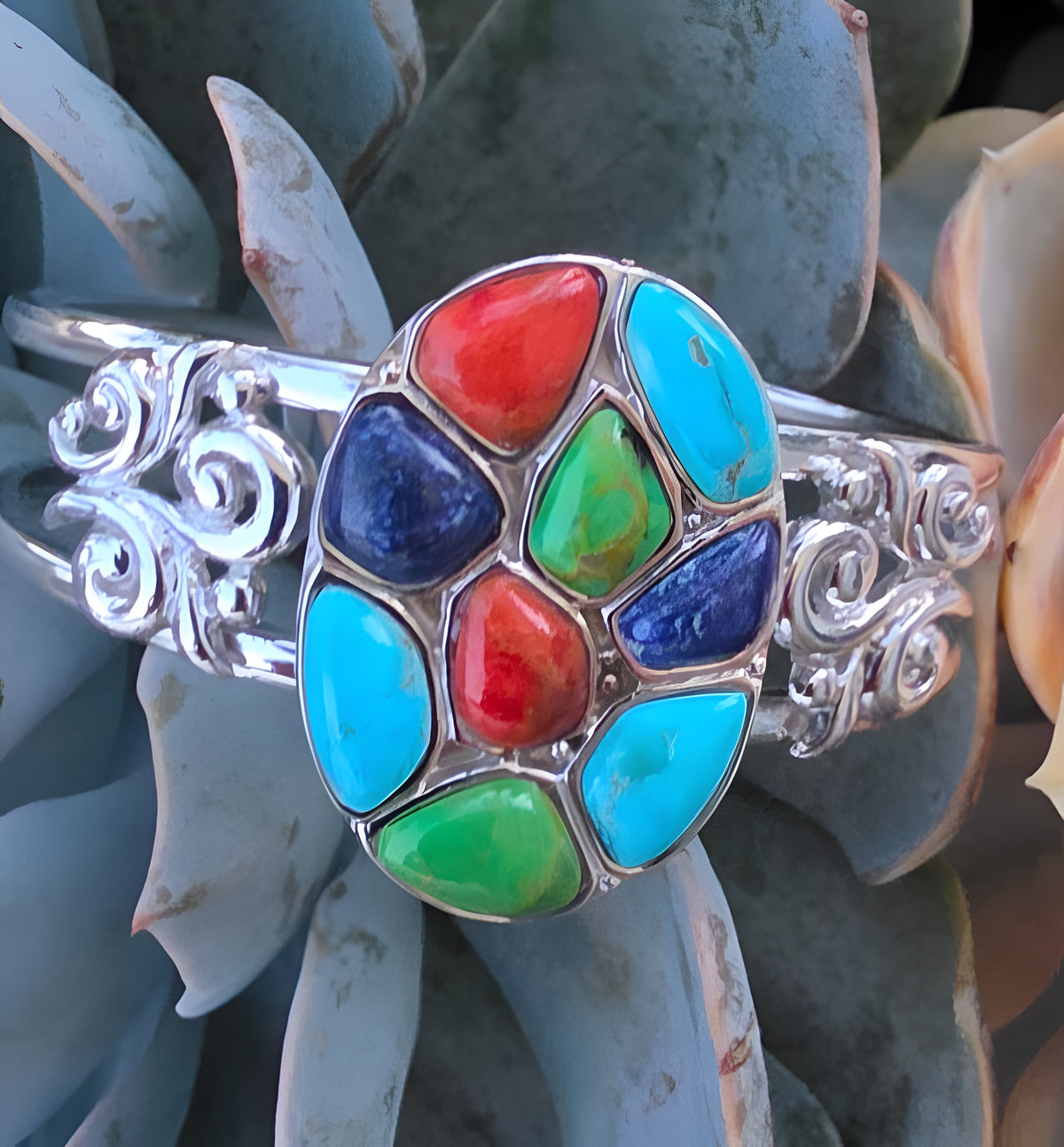 NK Thailand 925 Sterling Silver Multicolor Cabochon Mosaic Cuff Bracelet 38.5g