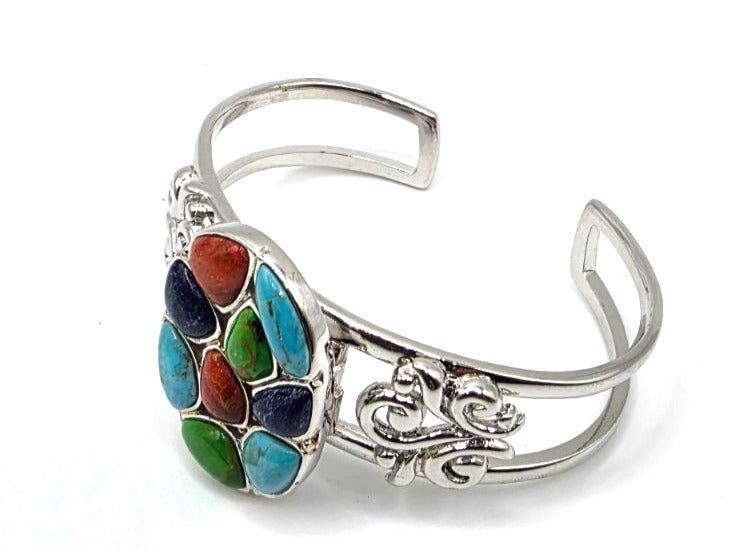 NK Thailand 925 Sterling Silver Multicolor Cabochon Mosaic Cuff Bracelet 38.5g