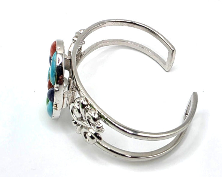 NK Thailand 925 Sterling Silver Multicolor Cabochon Mosaic Cuff Bracelet 38.5g