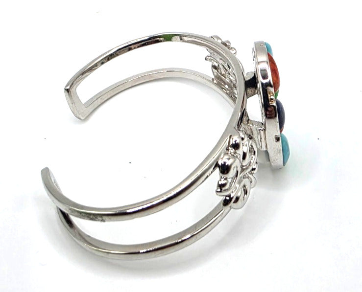 NK Thailand 925 Sterling Silver Multicolor Cabochon Mosaic Cuff Bracelet 38.5g