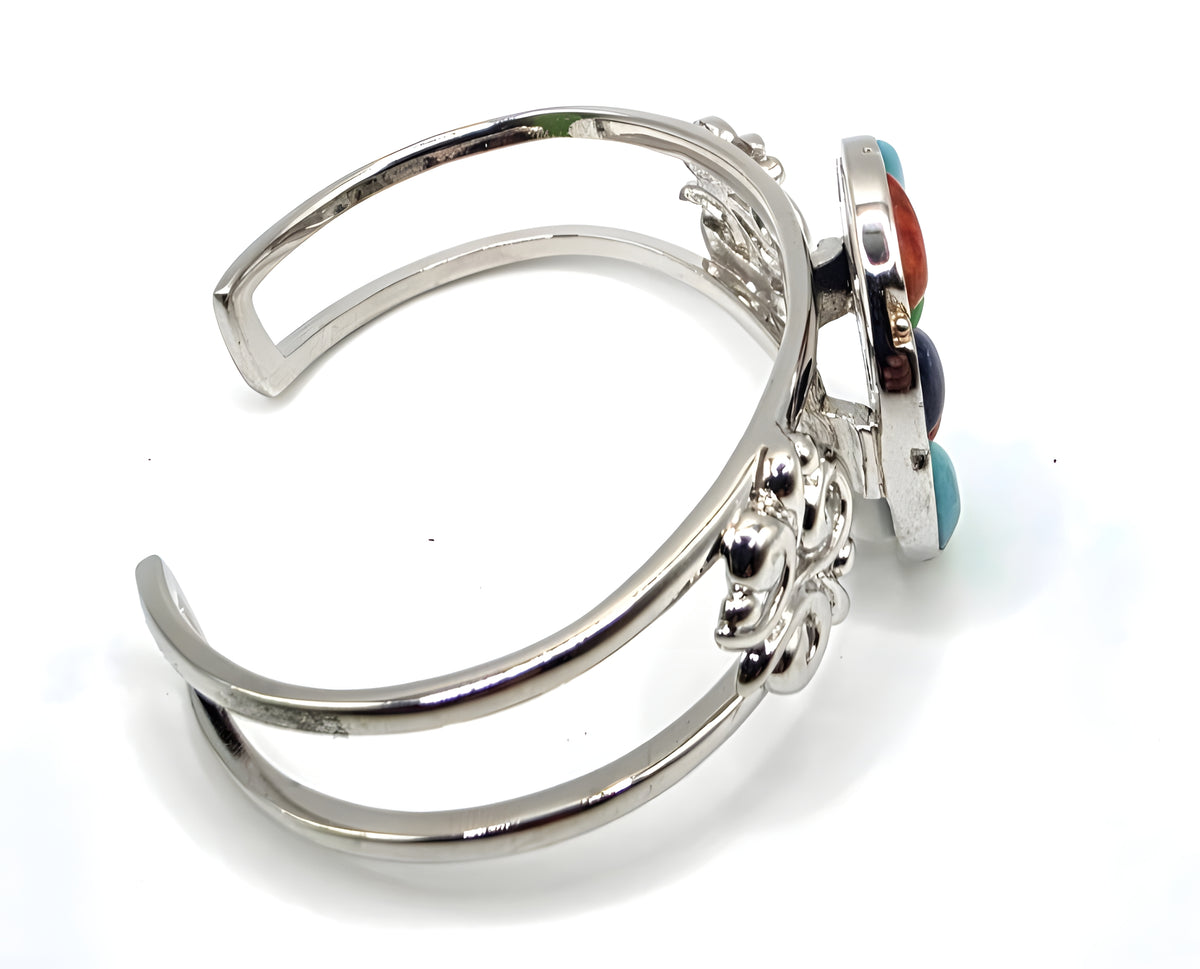 NK Thailand 925 Sterling Silver Multicolor Cabochon Mosaic Cuff Bracelet 38.5g