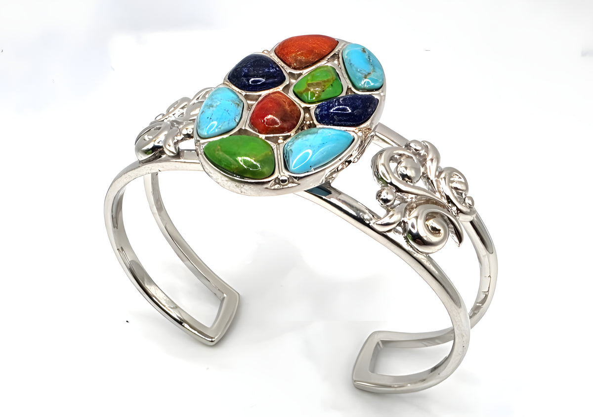 NK Thailand 925 Sterling Silver Multicolor Cabochon Mosaic Cuff Bracelet 38.5g