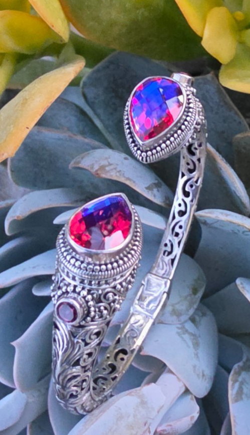 Sarda 925 Sterling Silver Purple/Pink Gemstone Hinged Cuff Bracelet