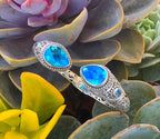 SARDA 925 Sterling Silver Blue Topaz Teardrop Hinged Cuff Bracelet 6.25