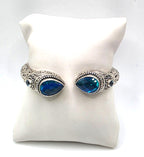 SARDA 925 Sterling Silver Blue Topaz Teardrop Hinged Cuff Bracelet 6.25