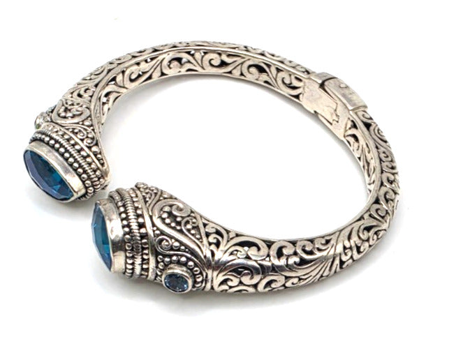 SARDA 925 Sterling Silver Blue Topaz Teardrop Hinged Cuff Bracelet 6.25