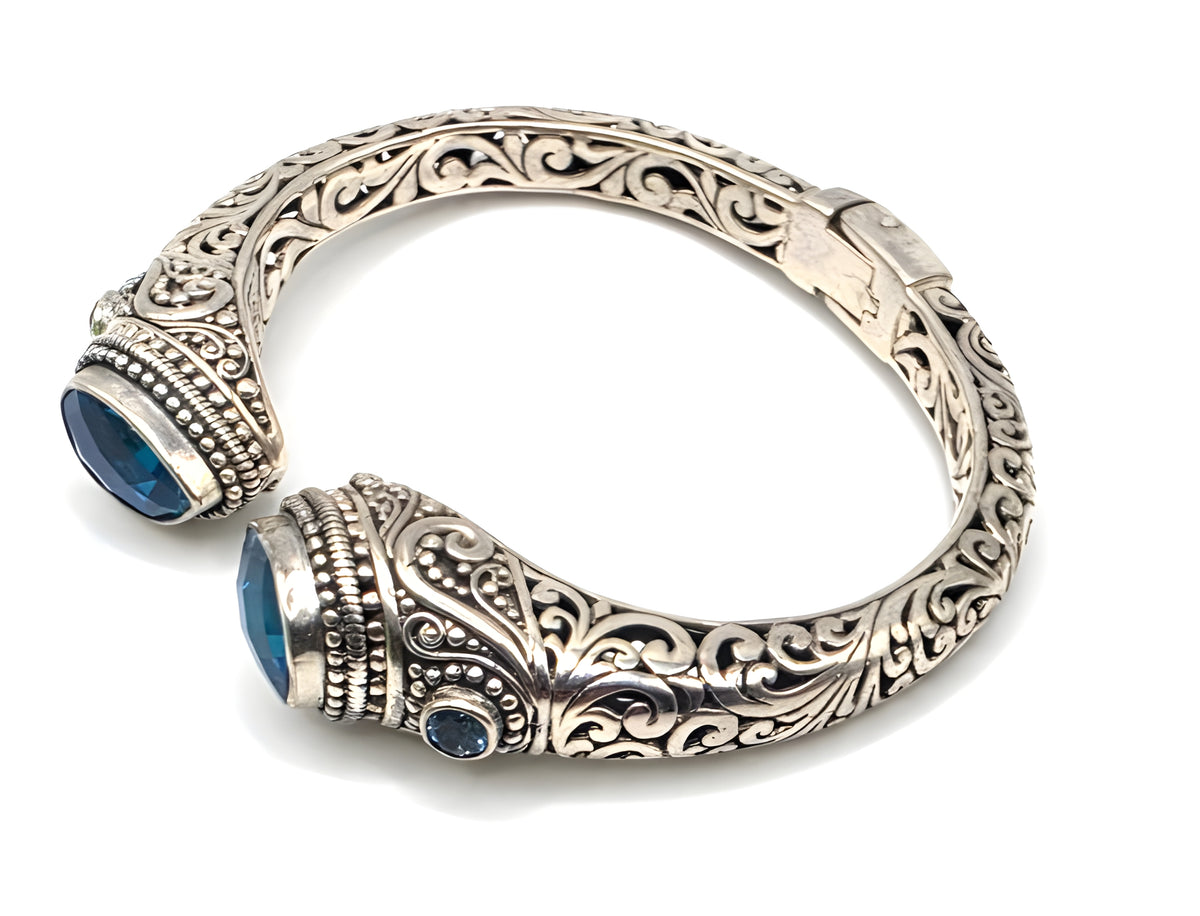 SARDA 925 Sterling Silver Blue Topaz Teardrop Hinged Cuff Bracelet 6.25